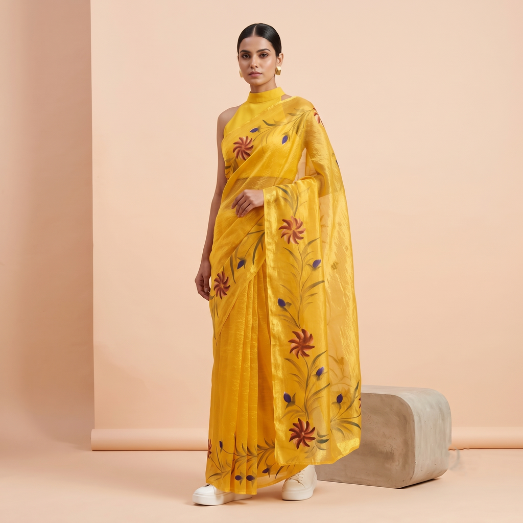 Hand Painted Soft Tissue Saree in Yellow Colour