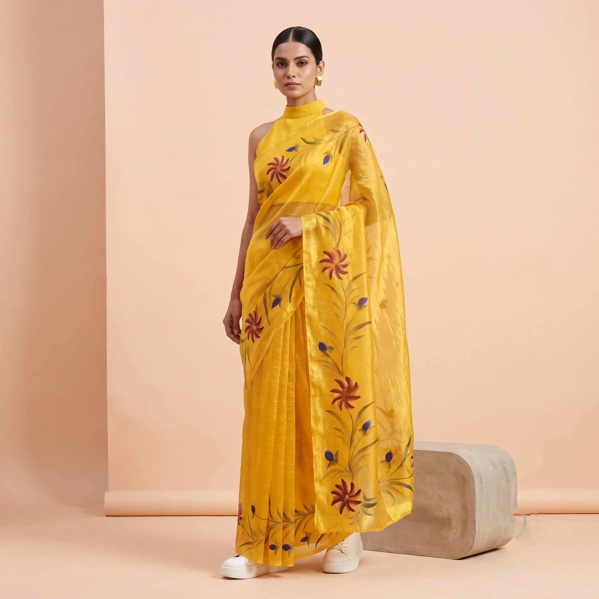 Hand Painted Soft Tissue Saree in Yellow Colour
