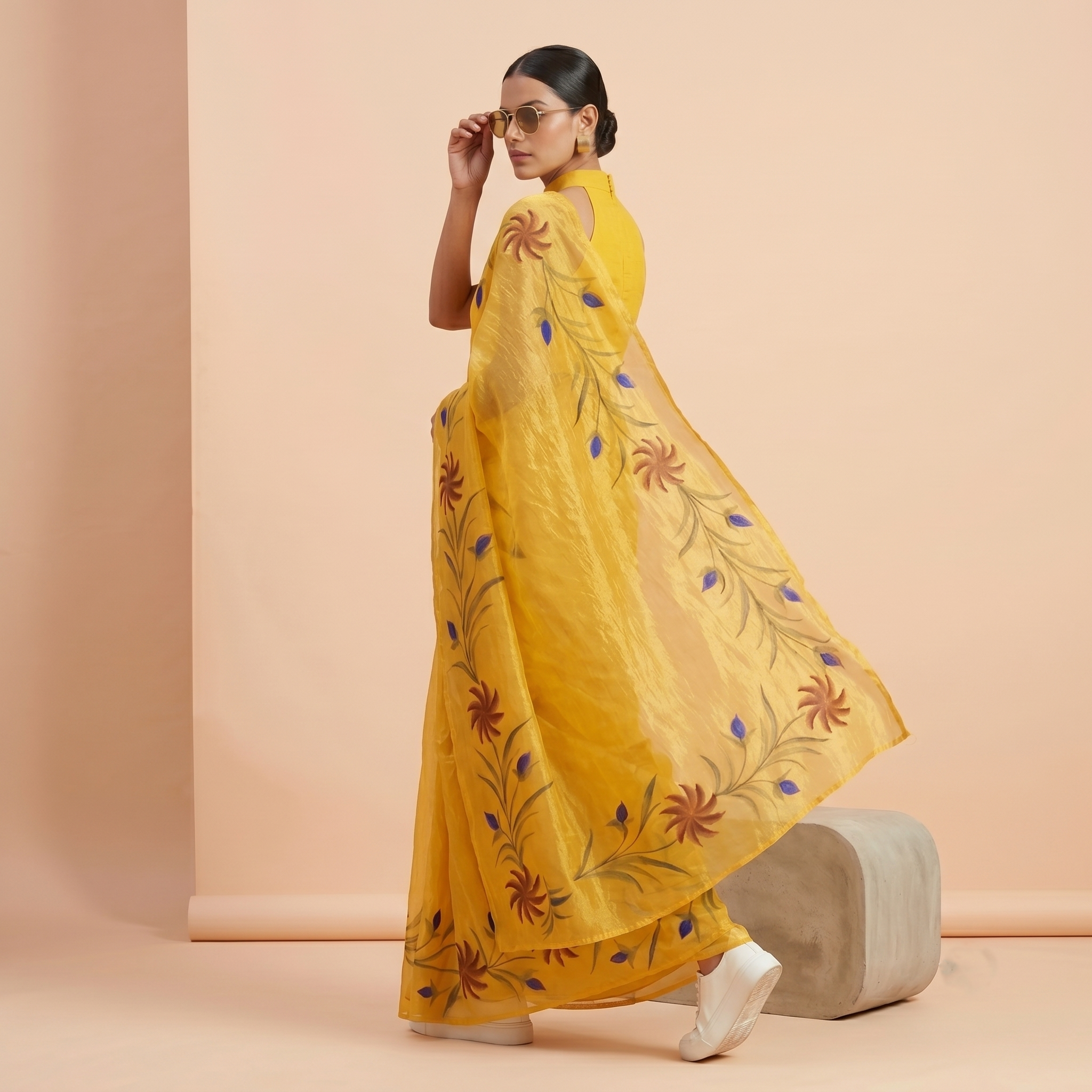 Hand Painted Soft Tissue Saree in Yellow Colour