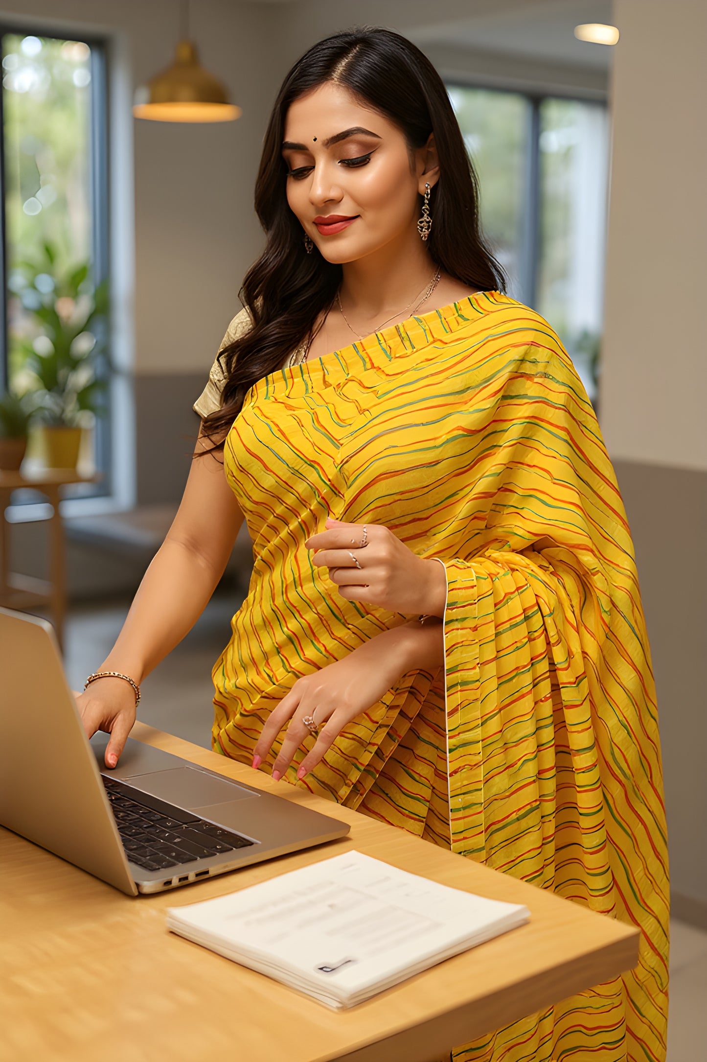 Printed Yellow Leheriya Saree