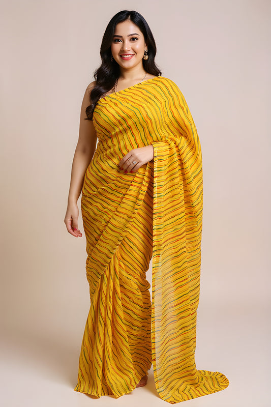 Printed Yellow Leheriya Saree