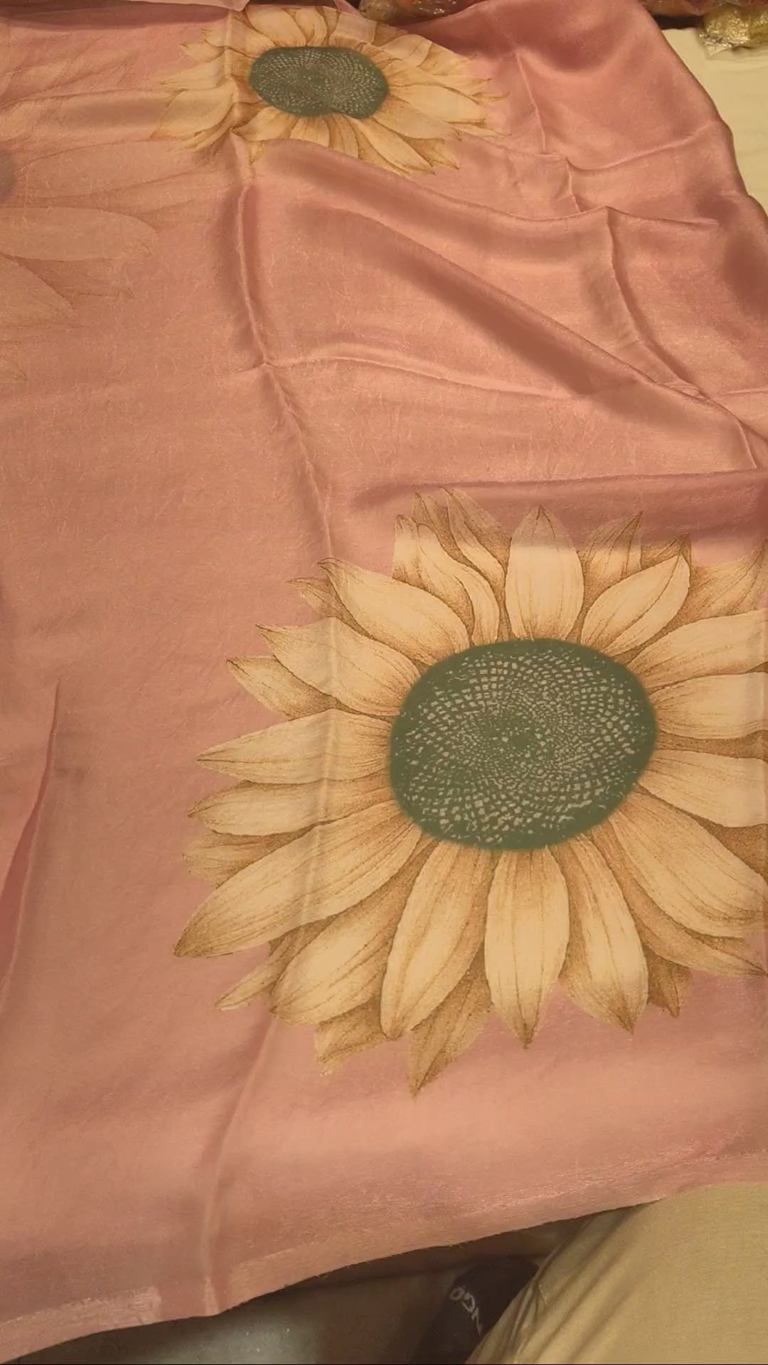 Digital Sunflower Printed Soft Tissue Organza Saree in Peach Colour