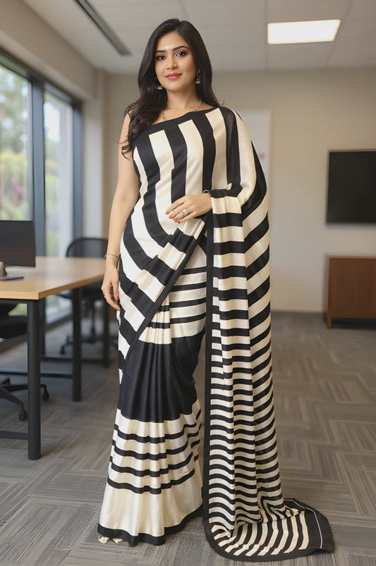 Printed Black and White Striped Sattin Saree