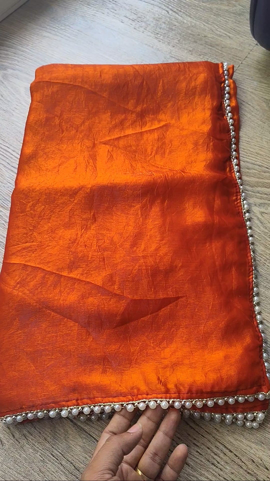 Rust Orange Tissue Saree with Pearl Border