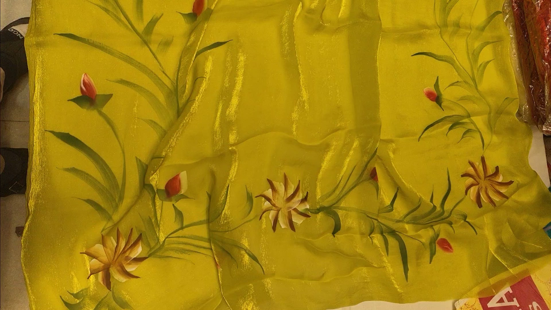 Hand Painted Soft Tissue Saree in Green Colour