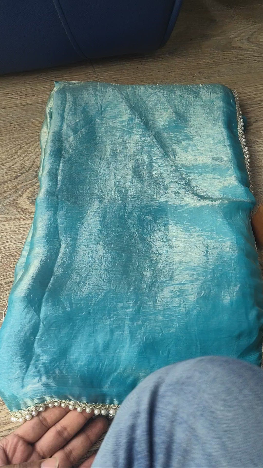 Light Blue Tissue Saree with Pearl Border