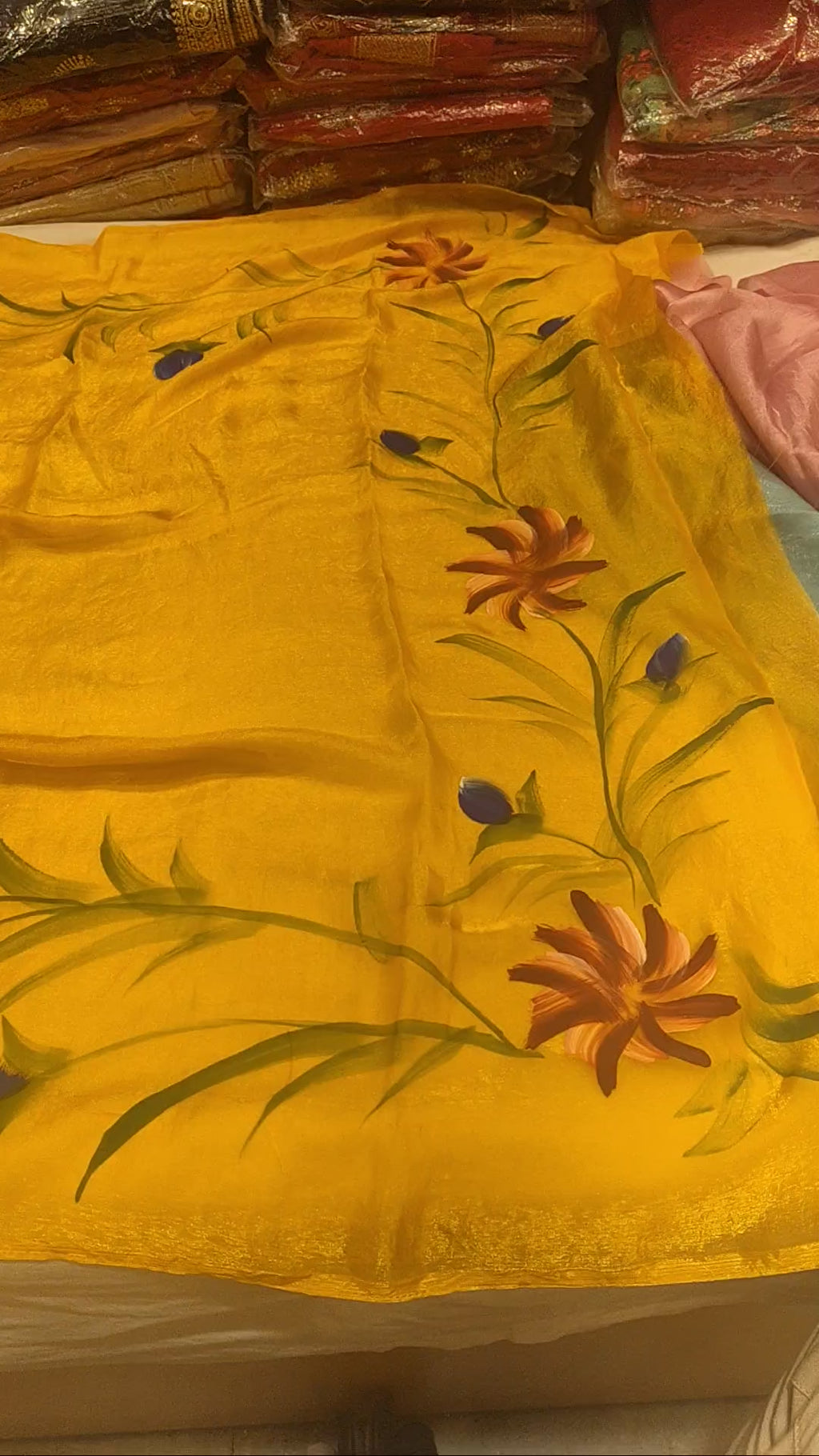 Hand Painted Soft Tissue Saree in Yellow Colour