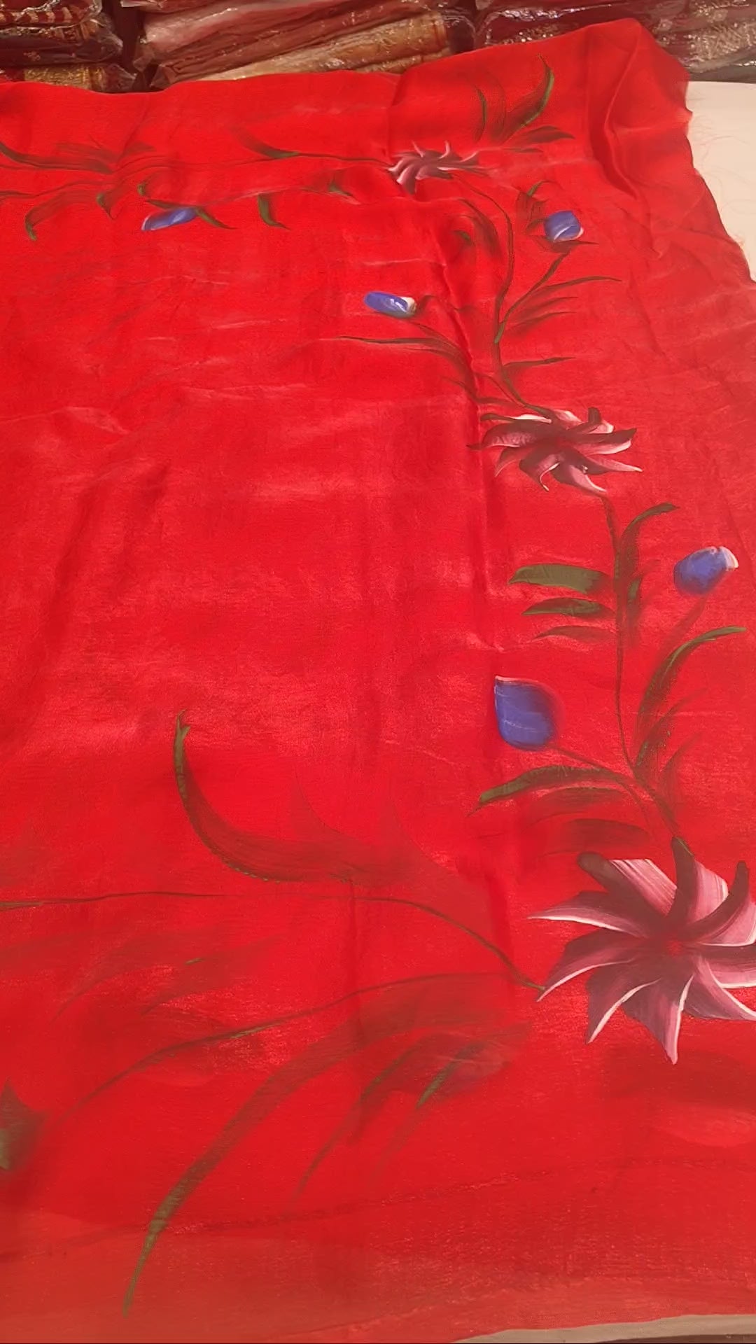 Hand Painted Soft Tissue Saree in Red Colour